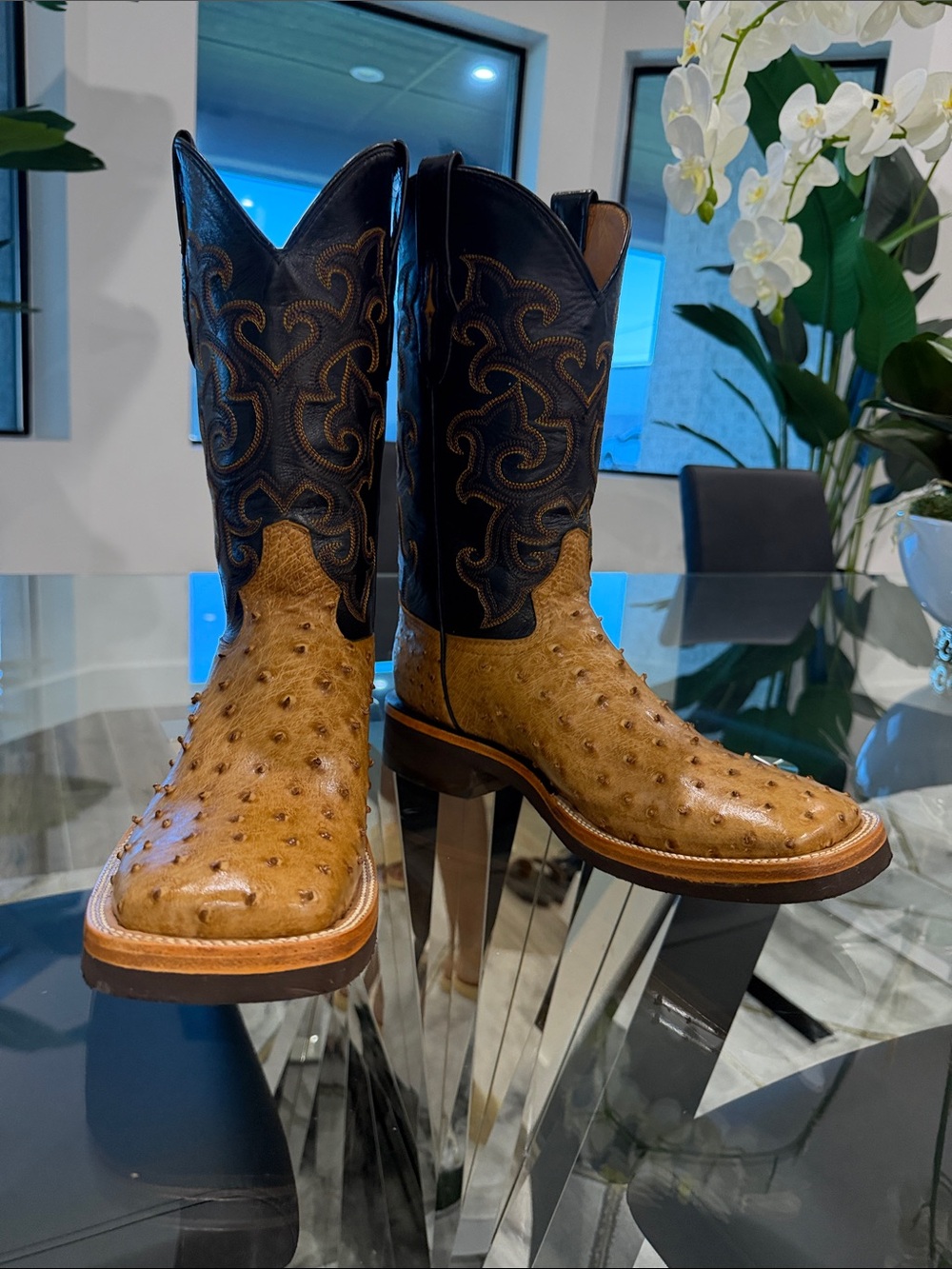 Men's Two-Tone Ostrich Leather Western Boots - Tan & Black - Picture 7 of 9
